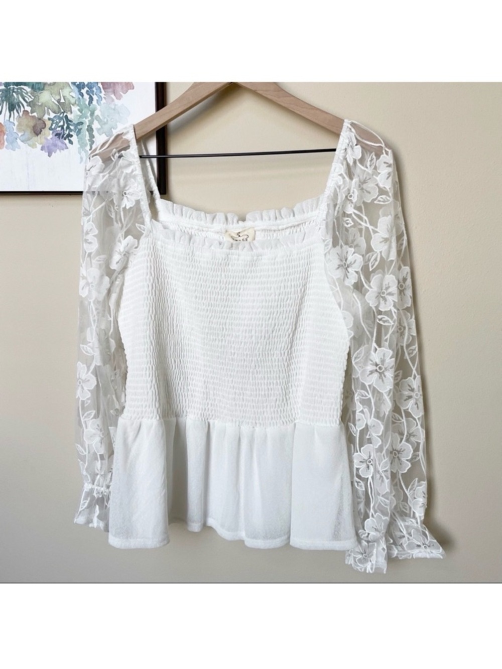 ANTHROPOLOGIE White Sheer Floral Burnout Lace Sleeved Peplum Smock Top LARGE